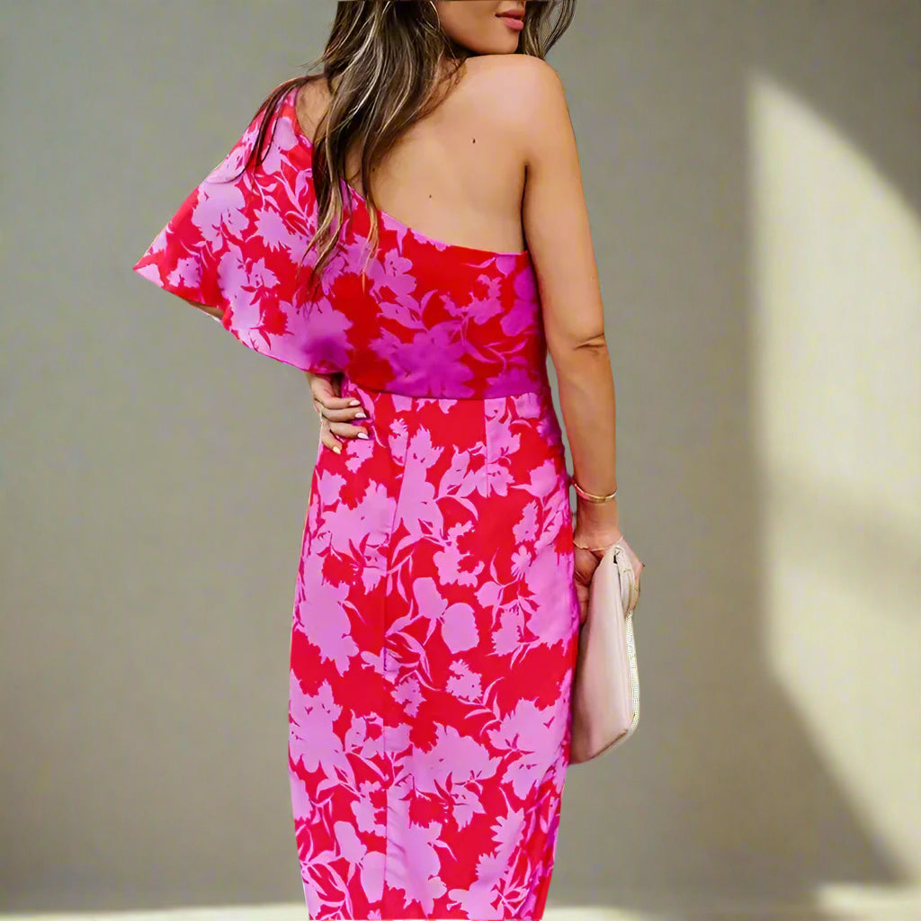Flame Bloom One-Shoulder Dress