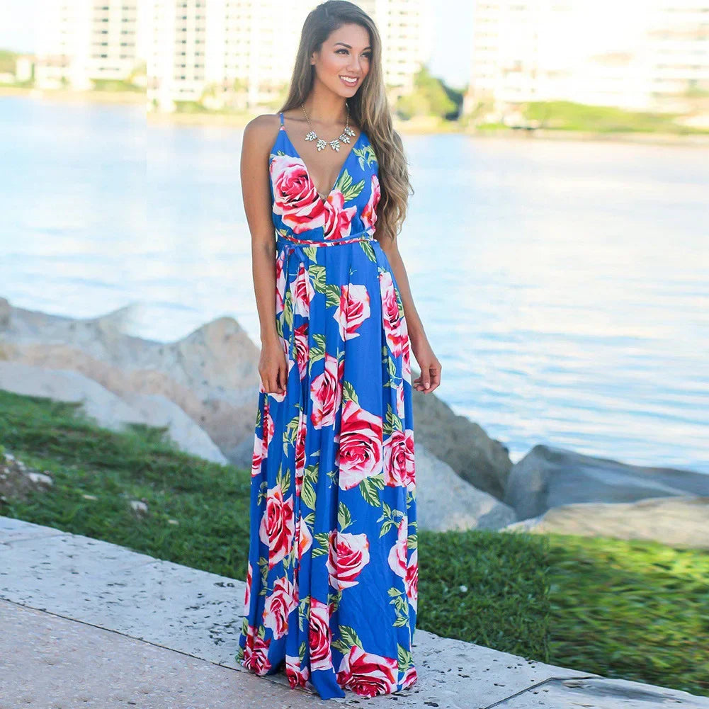 The Havana Nights Maxi Dress - Blue with Roses Print