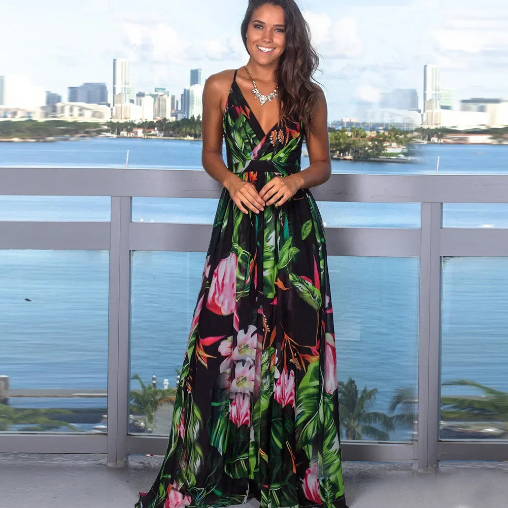 The Havana Nights Maxi Dress - Black Tropics Print