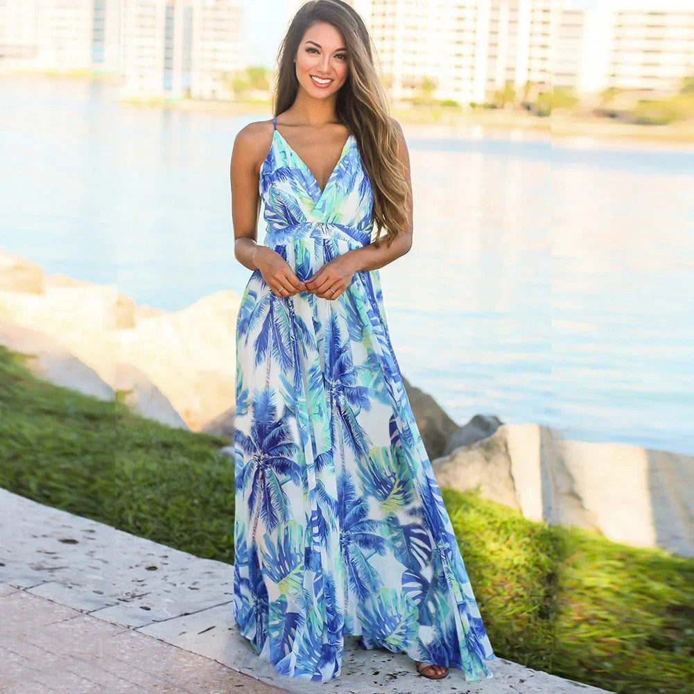 The Havana Nights Maxi Dress - Aqua Blue Print