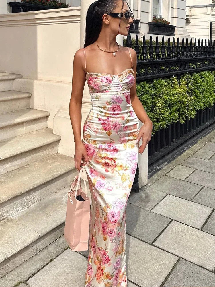 Capri Rosé – Satin Floral Maxi Dress