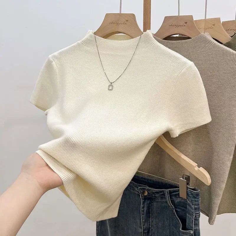 Soft Touch Ribbed Mock Neck Tee