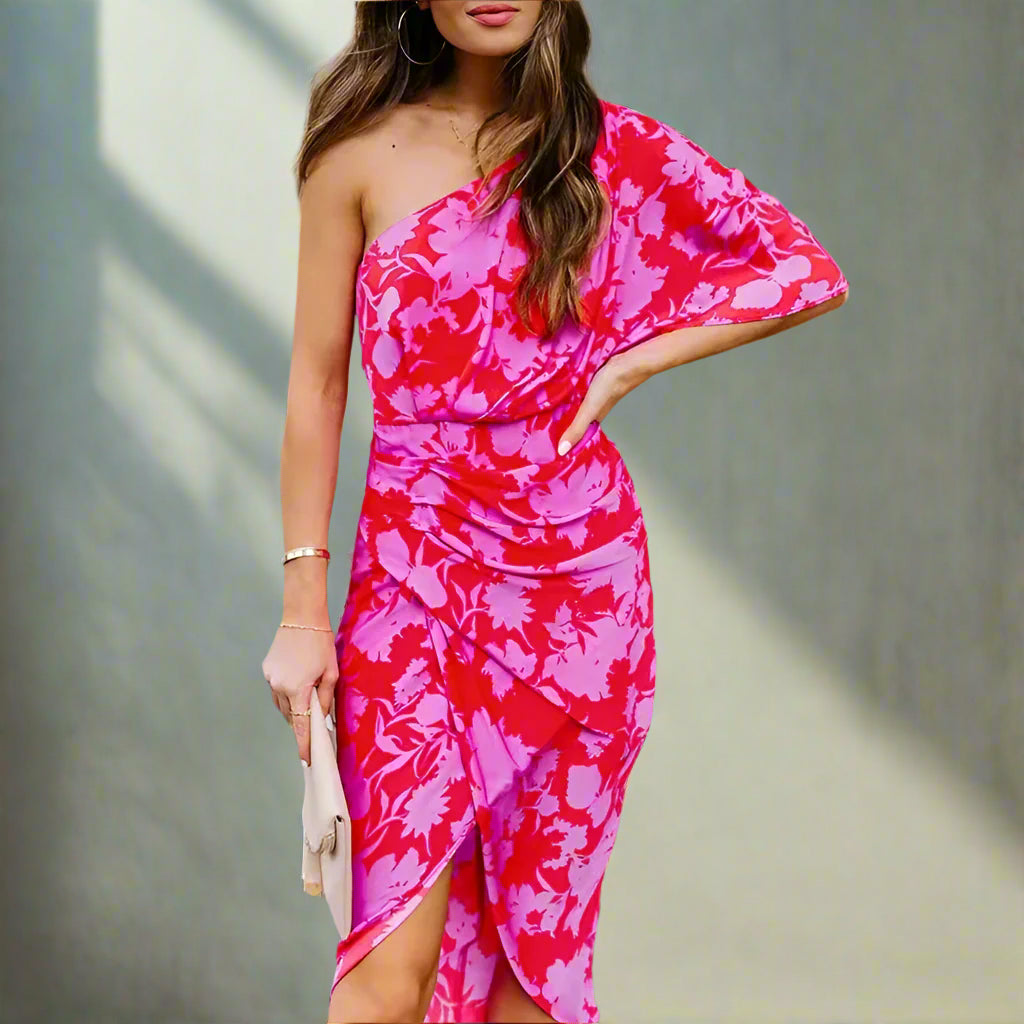Flame Bloom One-Shoulder Dress