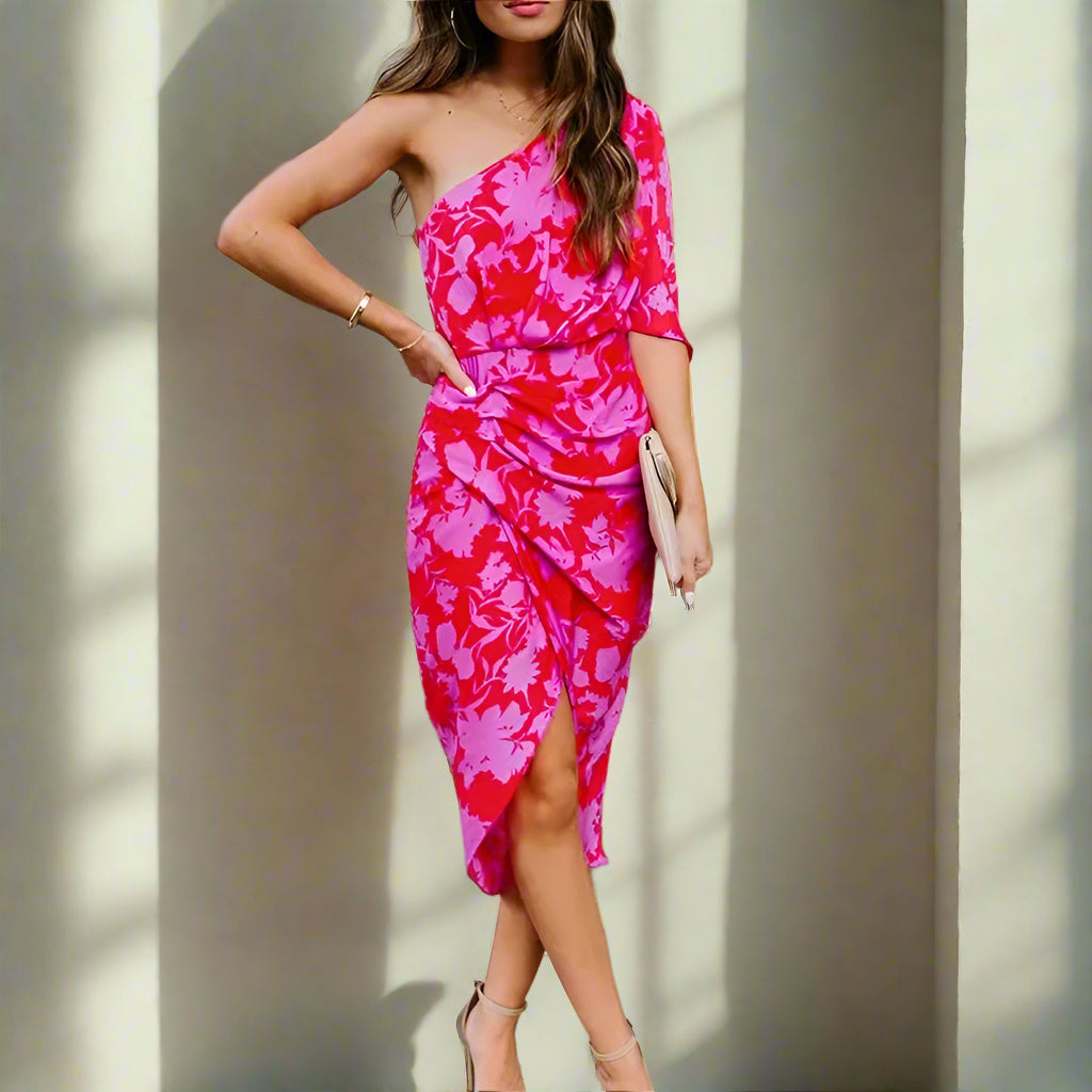 Flame Bloom One-Shoulder Dress